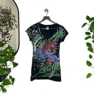Vintage Ed hardy koi fish all over print